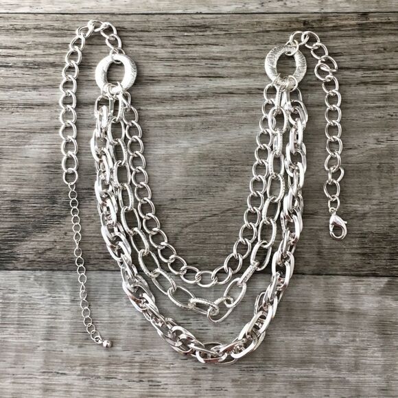 Bright Silver Layered Bib Statement Multi strand Necklace 1031 - Picture 1 of 3